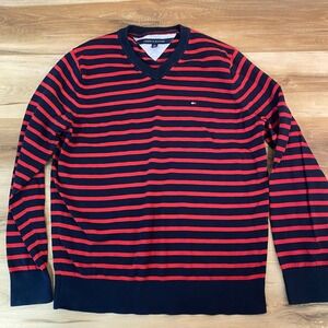 Tommy Hilfiger Mens XL V-Neck Sweater Navy Blue Red Striped 100% Pima Cotton